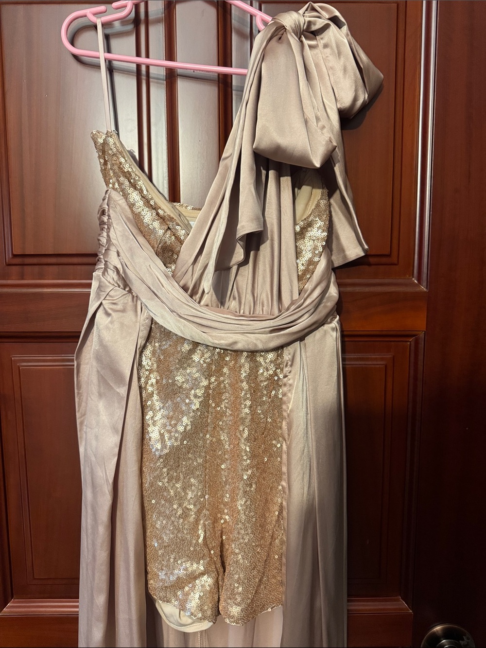Champagne Sequin Romper with Train and Draped Sash